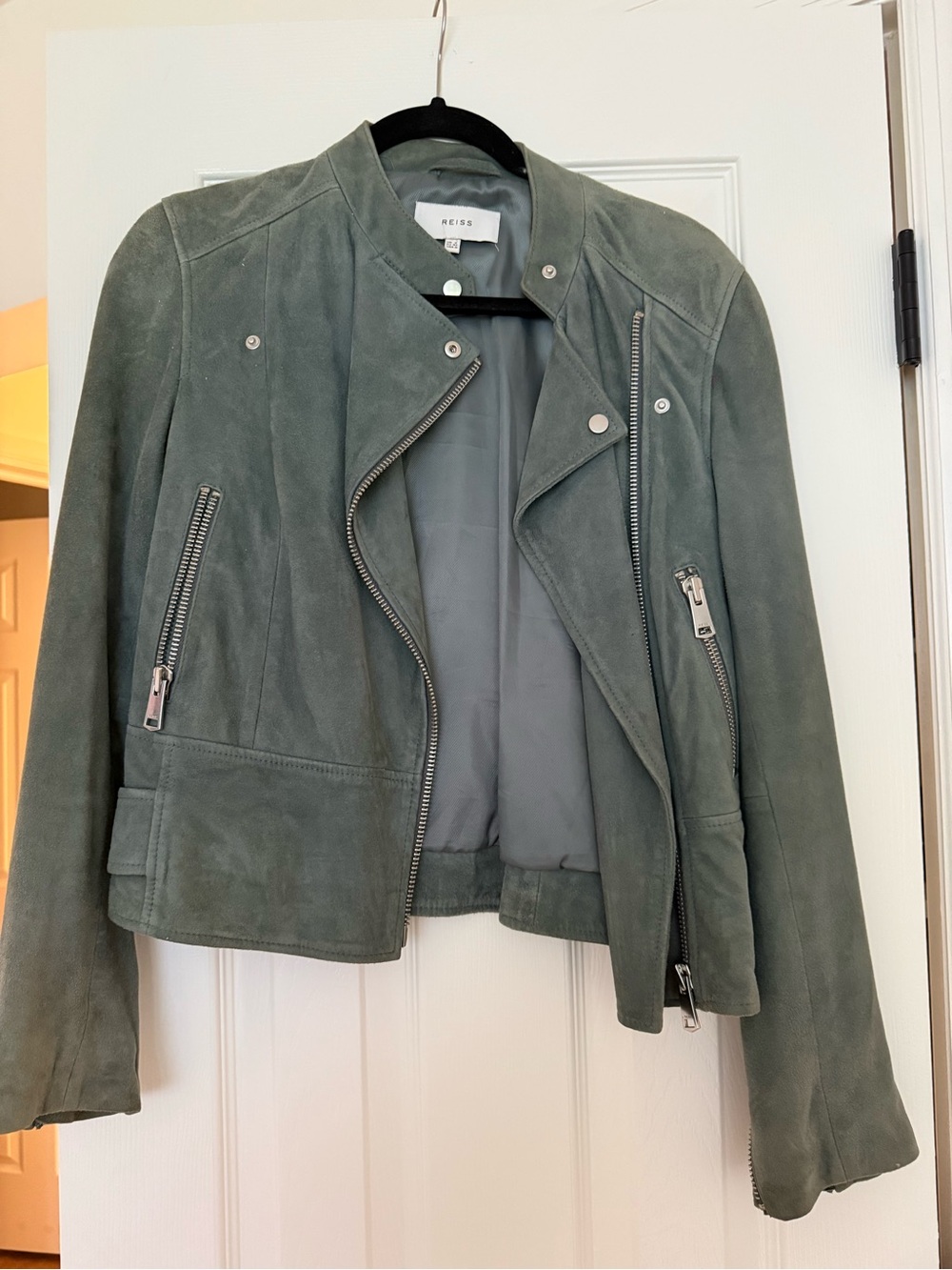 Reiss Olive Green Suede Motorcycle Jacket